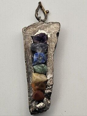 7 Chakra Raw Gemstone Black Tourmaline Slab Pendant Silver Tone